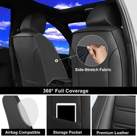 FiveFox Fit Santa Cruz Car Seat Covers (2 Row 5 Seats) for Select Hyundai Santa Cruz 2022-2025 - Full Coverage Leather, Waterproof & All Weather Seat Cushion Protector, Black with Red Trim