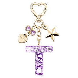 TTYY Glitter Initial Letter Keychain Gift for Women Girl, Cute Purple Keychains with Heart and Star Charm Keyring for Handbag Backpack