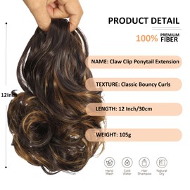 Webshaiy 12" Short Ponytail Extension, Claw Clip in Ponytail Hair Extensions Natural Curly Wavy Synthetic Fake Pony Tail Hair Pieces for Women Daily Use Highlight 4/27
