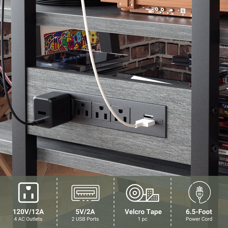 AV Media Stand with Outlets, Media Console with LED Lights,
