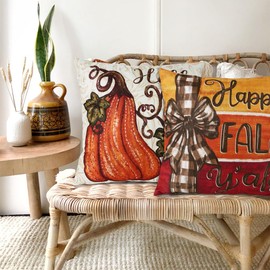 Heirloom Haven 4pcs Fall Thanksgiving Pillow Covers 18x18in, Pumpkin Happy Fall Thankful Grateful Blessed Harvest Leaves Decorations Autumn Seasonal Throw Cushion Case for Farmhouse Home Sofa Couch