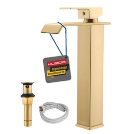 KUZOR 1PC Vessel Sink Faucet Brass 304 Stainless Steel, Tall Bathroom Faucet 1 Hole 5-Minutes Installation - for Bathroom/Vanity/Bowl Sink - 11.26 Inch Height, 24.9 Oz Weight - Brushed Gold