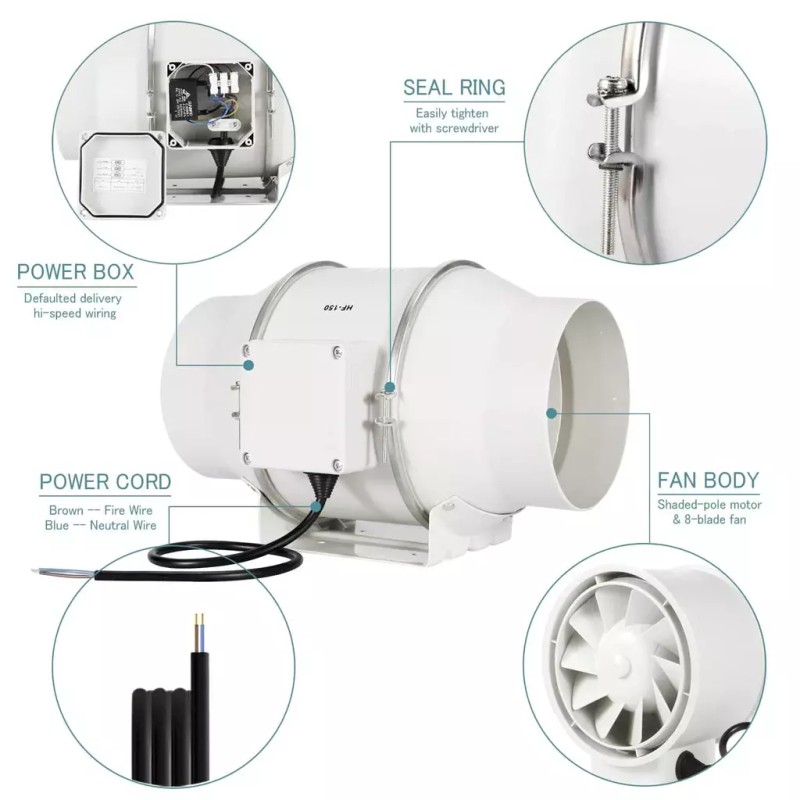 Hon&Guan 6" Duct Fan High Efficiency Inline Fan Mixed Flow