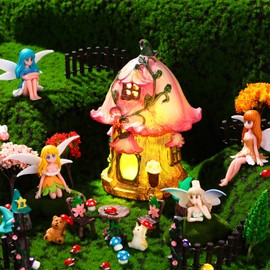 Gerrii 54 Pcs Garden Accessories Solar Fairy House Figurine Outdoor Statues Decor Resin Fairy Figurines Mushroom Ornament Mixed Model Trees Miniature Garden Fence for DIY Garden Yard Home Decoration