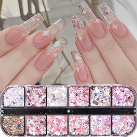 12 Grids Nail Art Glitter Sequins, Holographic Hexagon Chunky Nail Glitter Shiny Heart Mermaid Nail Flakes Sequins Nail Art Supplies Hexagon Nail Charms for Women DIY Acrylic Nails Decoration