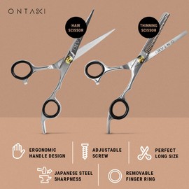 Ontaki Hair Scissors & Thinning Shears Kit - 7 in, Silver, Japanese Steel - Precision Hair Cutting Scissors - Ergonomic Comfort Grip with Thinning Shear - Includes Styling Comb & Pouch