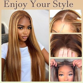 Glueless Wigs Human Hair Pre Plucked Pre Cut Highlight Straight 4/27 Lace Front Wigs for Women Honey Blonde 13X4 Wear and Go Glueless Wigs Human Hair 180% Density Colored Straight 28Inch