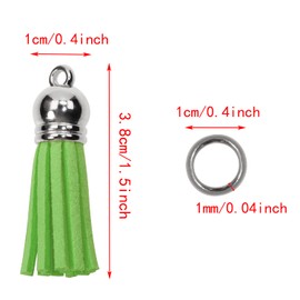 Mini Skater Suede Faux Leather Tassels for Jewelry Making 100Pcs Silver Cap Leather Trim Fringe Tassel Bulk with 100Pcs Jump Rings Sewing Accessories (Yellow-Green)