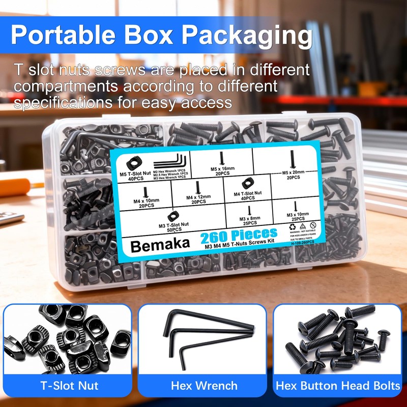 Bemaka 260PCS M3 M4 M5 T Slot Nut Screws Kit,