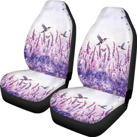 ZIATUBLES Automotive Accessories 2 Pcs Car Seat Covers for Front Cushion & Backrest Protector Breathable Vehicle Interior Decoration for Most SUVs Sedan, Purple Lavender Hummingbird Print