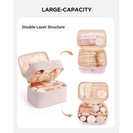HBlife Double Layer Travel Makeup Bag Portable Cute Leather Cosmetic Bag Large Make Up Bag Makeup Case Organizer Toiletry Bag for Women Girls with Handle and Removable Divider(Pink)