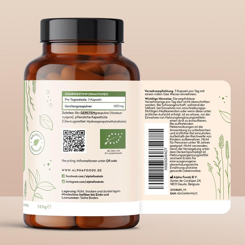 Barley Grass Capsules, 180 Vegan Capsules, Barley Grass, Alternative to