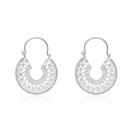 Diamond Treats 925 Sterling Silver Hoop Earrings for Women, Large Tribal Hoop Earrings with Intricate Filigree Design, Large Vintage Ethnic Silver Hoops for Women