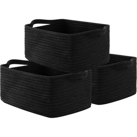 Cotton Rope Baskets, Woven Baskets for Storage, Nursery Storage Baskets, Rectangle Storage Basket with Handles, Storage Baskets for Shelves, Pack of 3, Brown Variegated - Color: black, Size: 3 Pack