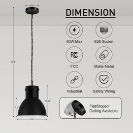 BoostArea Black Pendant Lights Kitchen Island, 10.6" Large Metal Shade and 70.9'' Adjustable Height, Modern Pendant Lighting Fixtures,Farmhouse Hanging Pendant Light for Kitchen Island/Bar,No E26 Bulb