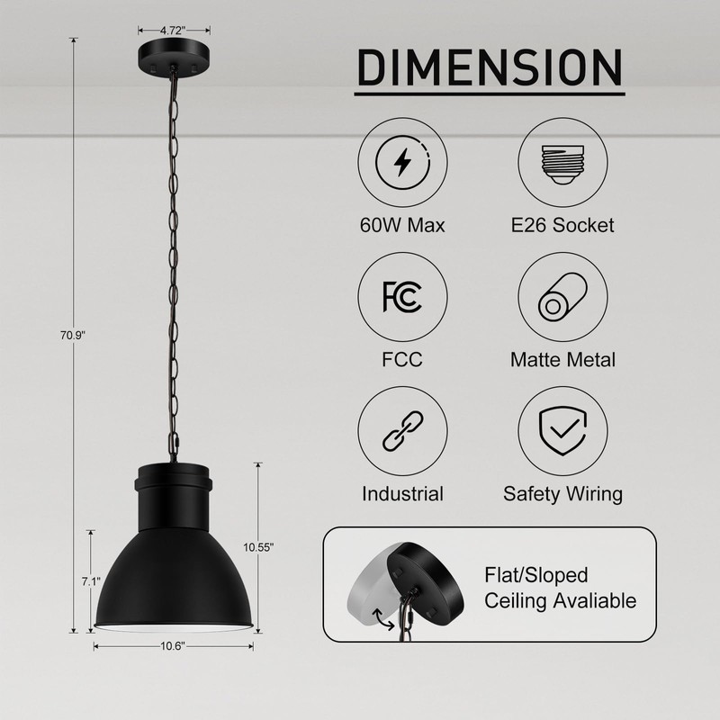 BoostArea Black Pendant Lights Kitchen Island, 10.6" Large Metal Shade