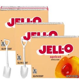 Jell-∅ Gelatin Dessert Mix - 3 oz Boxes (Pack of 3) - With Candy Freezer Mini Shovel Spoons (Apricots) - Metal Spoons