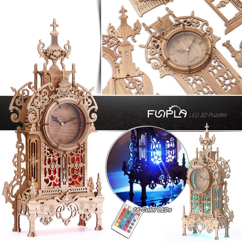 FUNPOLA 3D Wood Puzzle LED Tower Clock, DIY Architectural Building