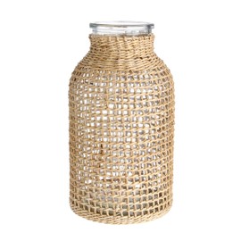 DOITOOL Boho Glass Flower Vase with Rattan Cover, Farmhouse Flower Bud Vase, Round Decorative Flower Vase Floral Container Flower Bottle for Floral Arrangements Housewarming Party Home Decor (L)