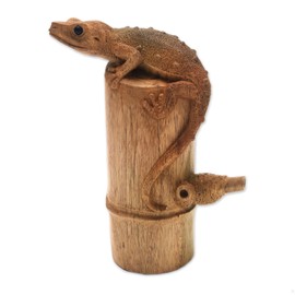 NOVICA Artisan Handmade Wood Sculpture Signed Hibiscus of Gecko from Bali Brown Indonesia Nature Animal Themed Lizard [9in H x 3.3in W x 7in D] ' Tokek on A Log'