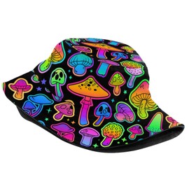 Mushrooms neon Art Bucket Hat Fishing Hats Summer Travel Beach Sun Uv Protection Packable Fisherman Cap for Men Women Teens