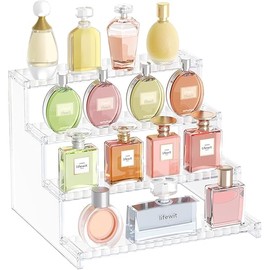 Lifewit 4 Tier Clear Display Risers Stand with Decorative Fences, Plastic 12 Inch Perfume Organizer, Display for Figures, Cupcake, Dessert, Desktop Stand for Organization and Decor, 1 pack