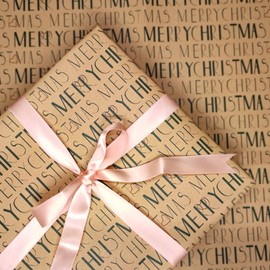 Christmas Wrapping Paper,6 Sheets Merry Christmas Kraft Gift Wrapping Paper W/ 1 roll Pink ribbon,20 x 28 inches Xmas Brown Recycled Gift Wrap Sheets For Christmas Holiday Supplies Boy Girl Women Men