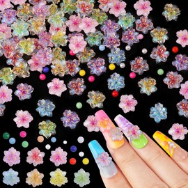 300Pcs Flower Nail Charms Kit, 100Pcs 3D Resin Cherry Nail Charms and 100Pcs Pearls with 100Pcs Macaron Beads, Colorful Hibiscus Floral Tiny Gems Round Beads for Women Manicure Craft DIY (Kit 5)