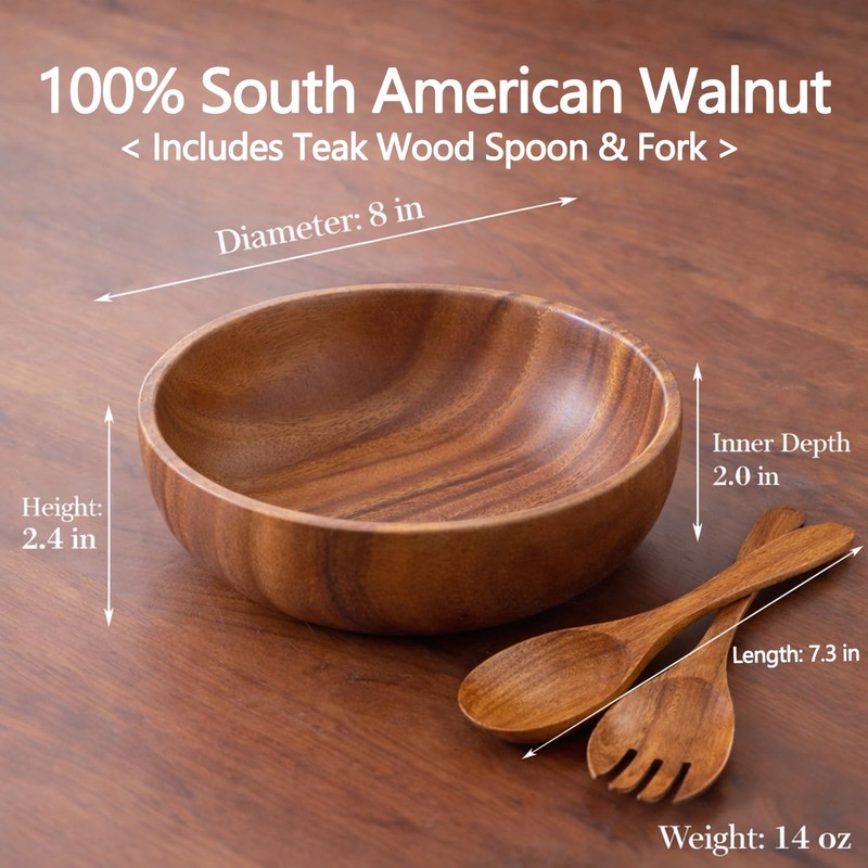 8 Inch Wooden Salad Bowl, Walnut Wood Serving Bowl for