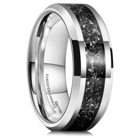 King Will Tungsten Carbide Wedding Band for Men - 8mm Silver High Polished Meteorite Fragment Inlay Wedding Ring for Daily Wear S(9.5)