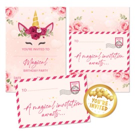 Kirsten McMillan 36 Flower Unicorn Invites - A6 Birthday Party Invitations – Designed and Printed in the UK (Pack of 36)