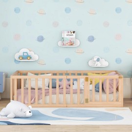 Harper & Bright Designs Twin Size Floor Bed with Safety Rails and Door, Wood Twin Floor Bed Frame for Girls Boys, Montessori Floor Bed Twin for Kids,Natural