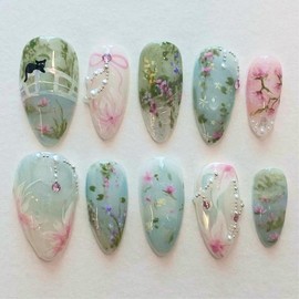 Buy 10 Get 10 Free! [Machine-Made] 24pcs Press-On Nails with Rhinestones & Flowers – French Style Glue-On Nails for Women & Girls Full Cover Shiny Glitter Long Lasting Quality:_M-AL-MC-002