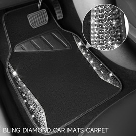CAR PASS Bling Diamond Car Floor Mat Shining Rhinestones Carpet, Sparkly Glitter Crystal Anti-Slip PVC Heel Pad Automotive Universal Fit for SUV Sedan Car Van, 4pcs for Girl Cute Women, Black Silver