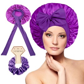 OWITER Satin Bonnet, Silk Sleep Bonnets for Women, Adjustable Satin Night Sleeping Cap Soft Elastic Band Silk Bonnets for Sleeping, Hair Bonnet + Scrunchies (Purple)