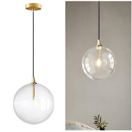 XIRYTU-H Minimalist Transparent Glass Ball Pendant Light in Gold Finish, Height Adjustable G4 LED Ceiling Haning Light for Dining Room & Living Room (15CM)
