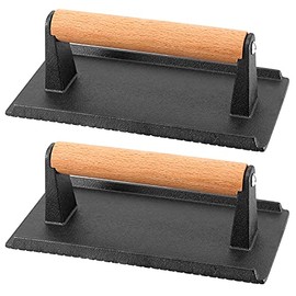HEIHAK 2 Pack 8 x 4 Inch Cast Iron Steak Weight, Flat Heavy Weight Grill Press with Wooden Handle, Steak Weights for Grill Burgers Bacon Bread