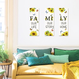 decalmile 3 pieces Sunflower Inspirational Family Rustic Farmhouse Wooden Signs Hanging Wall Plaque Vintage Sunflowers Butterfly Wall Decor Sign Kitchen Living Room Home Art Decor