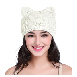 V28 Women Girls Boys Teens Cute Cat Ear Knit Cable Rib Xmas Hat Cap Beanie Kittenear White Medium