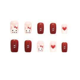 24Pcs Easter Press on Nails Medium Length Square Fake Nails Red Full Cover False Nail with Cute Bunny Designs Glossy Stick on Nails for Women Girls