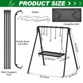 Campfire Swing Grill Stand Adjustable Campfire Cooking Equipment Camping Accessories Cookware Hanging Rack with 8 Hooks and Portable Grill Stand for BBQ Picnic Outdoor Party