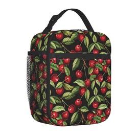 ainori - Lonchera reutilizable de cereza para mujeres adultas, bolsa de almuerzo de hojas lindas, bolsa de poliéster para picnic, trabajo, viajes, playa o senderismo, forro resistente al agua (negro)