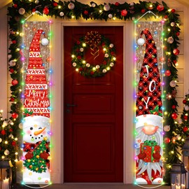 Irenare Lighted Christmas Banner Decorations with LED Light Merry Christmas Front Porch Sign Snowman Gnome Hanging Door Banner for Winter Xmas Holiday Party Outdoor Decor(Classic)