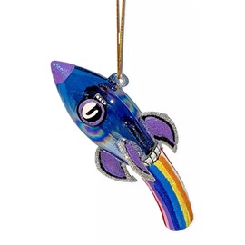 The Bridge Collection Retro Rocket Ship Christmas Ornament - Space-Themed Holiday Decoration with Rainbow Glitter Trail