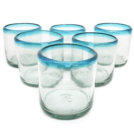 MexHandcraft Aqua Blue Rim 8 oz DOF Rocks Glasses, set of 6, Mexican Handmade Glassware, Recycled Glass, Lead & Toxin Free (DOF Rocks)