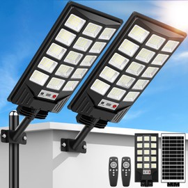 Solar Street Lights Outdoor Waterproof, 30000LM 6500K LED Motion Sensor Lights, Solar Flood Lights with Remote, Dusk to Dawn Solar-Powered Parking Lot Light, Commercial Area Lighting for Yard, 2-Pack