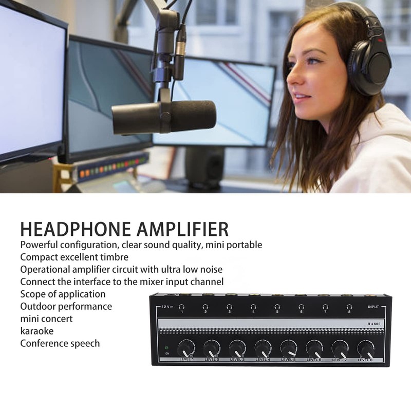 8 Channel Headphone Amplifier, Portable Metal Stereo Audio Amplifier with