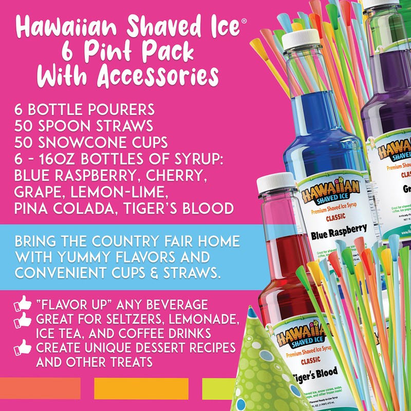 Hawaiian Shaved Ice Syrup Assortment with 6 - 16oz Bottles,