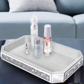 Wocred Mirror Perfume Tray fits Dresser Bedroom,Crushed Diamond Bathroom Box, Vanity Tray,Decorative Serving Tray for Coffee Table Decor(15”x 10”x 2”)