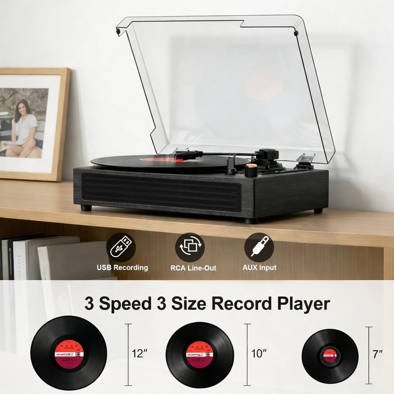 Bluetooth Turntable Vinyl Record Player, 3-Speed Record Player with Built-in
